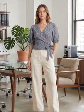 Talbots Navy Floral Wrap Blouse with Puff Sleeves